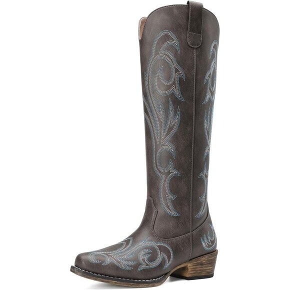 Women's Embroidered Comfortable Cowgirl Knee High Boots Pull On Side Zipper